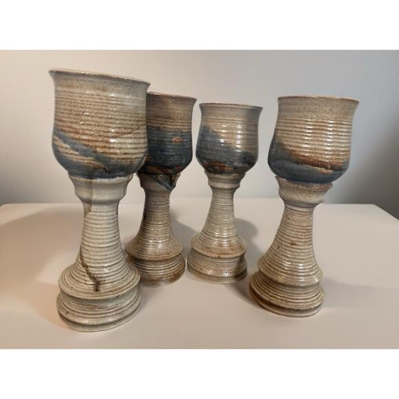 Studio Art Pottery Large Wine Goblet/Chalice 9 3/4” Set of 4 Handmade Glasses - Picture 2 of 16